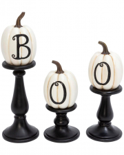 Kürbisse mit BOO Aufschrift auf Kerzenständer 3er Set 