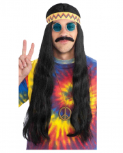 Schwarze Hippie Perücke mit Haarband 