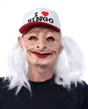 I love Bingo Oma Maske mit Haaren und Mütze 