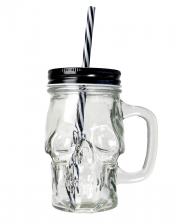 Totenkopf Trinkglas mit Deckel & Strohhalm 