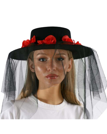 White Top Hat With Veil & Rose Flower Accent | Halloween Costume Accessory