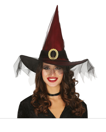 Wine Red Witch Hat With Tulle & Big Buckle 