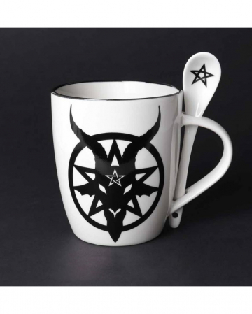 Weiße Tasse mit Löffel Baphomet 