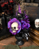 Gothic Flower Arrangement With Purple-black Roses & Skull 30cm 