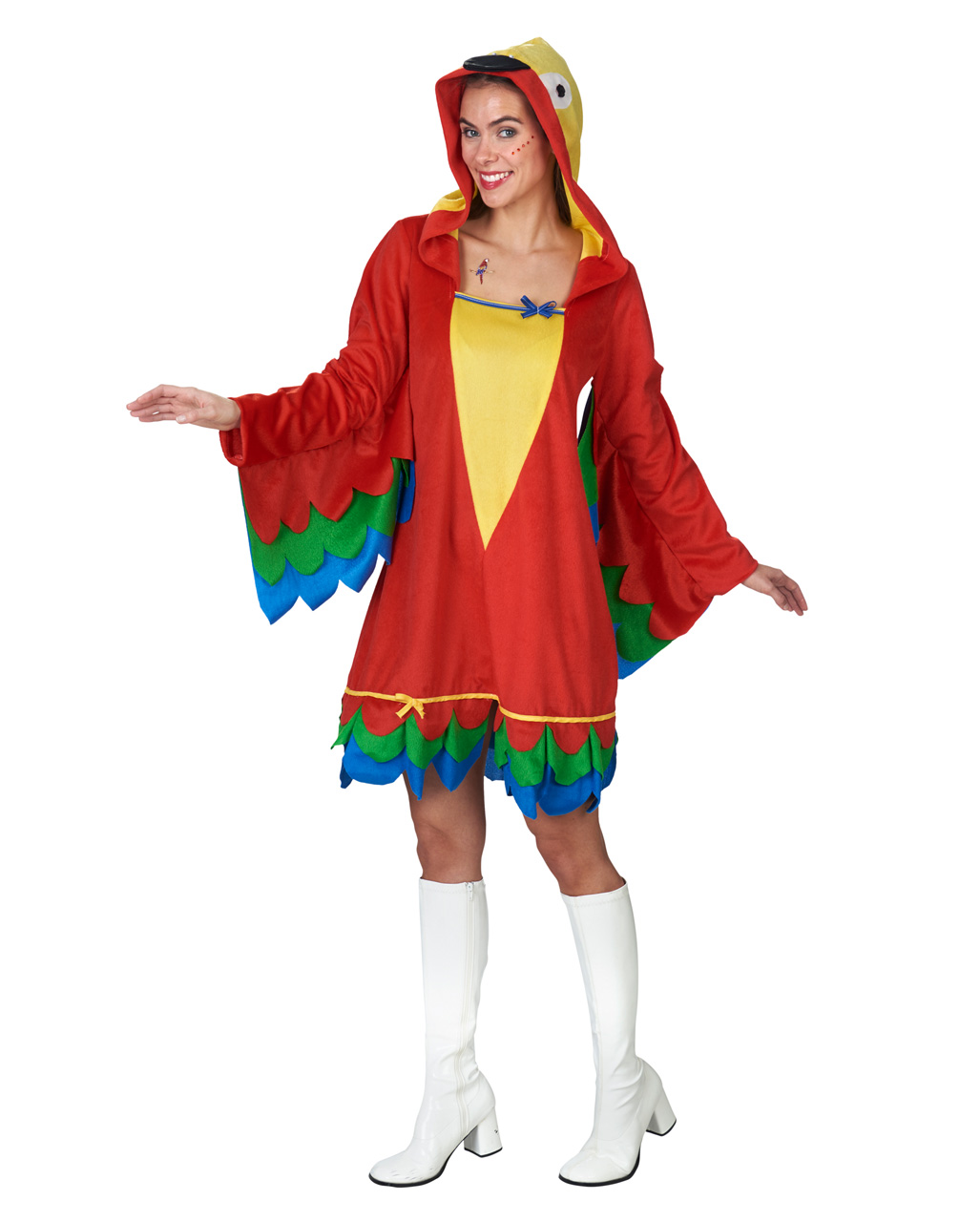 Damen Kostüm Papagei Kleid mit Kapuze Karneval Fasching Orl 