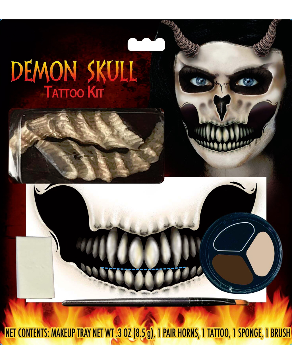 Demon Skull Tattoo Kit With Horns, Halloween makeup