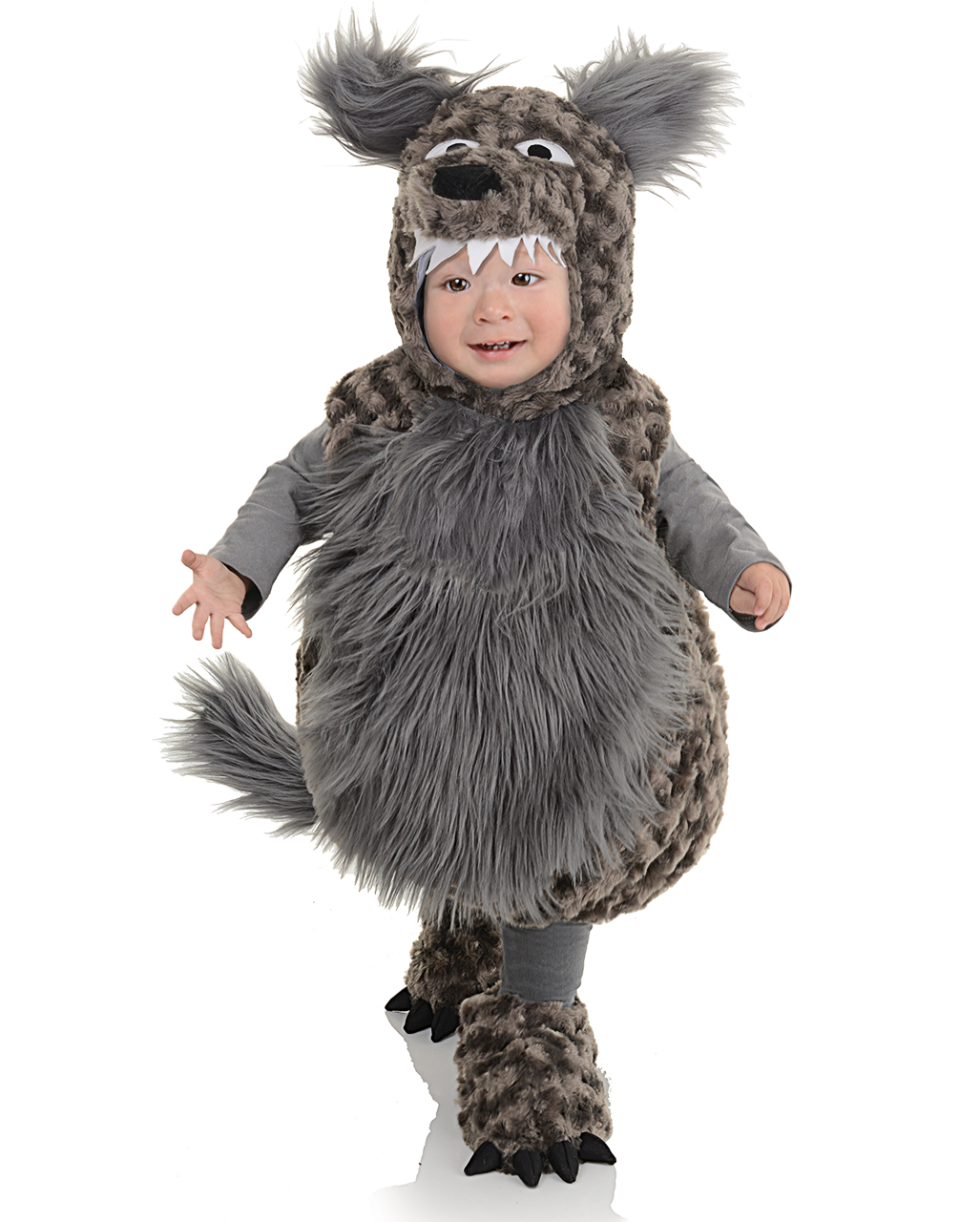 Kinder Wolf Kostüm aus Plüsch mit Kapuze und Tierkopf 92 98 104 116 für Karneval 