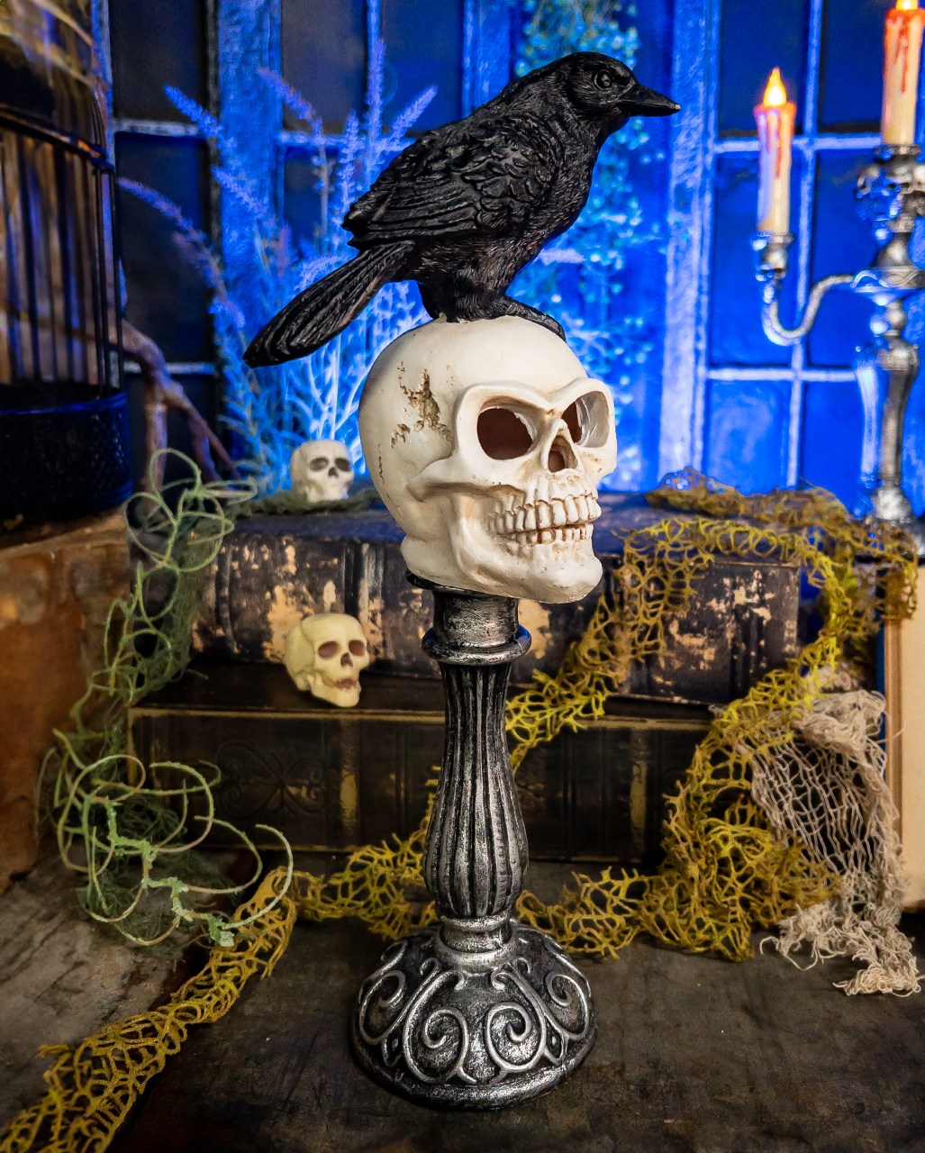 Totenschädel Büste mit Rabe & LED Beleuchtung 31cm ★ | Karneval Universe