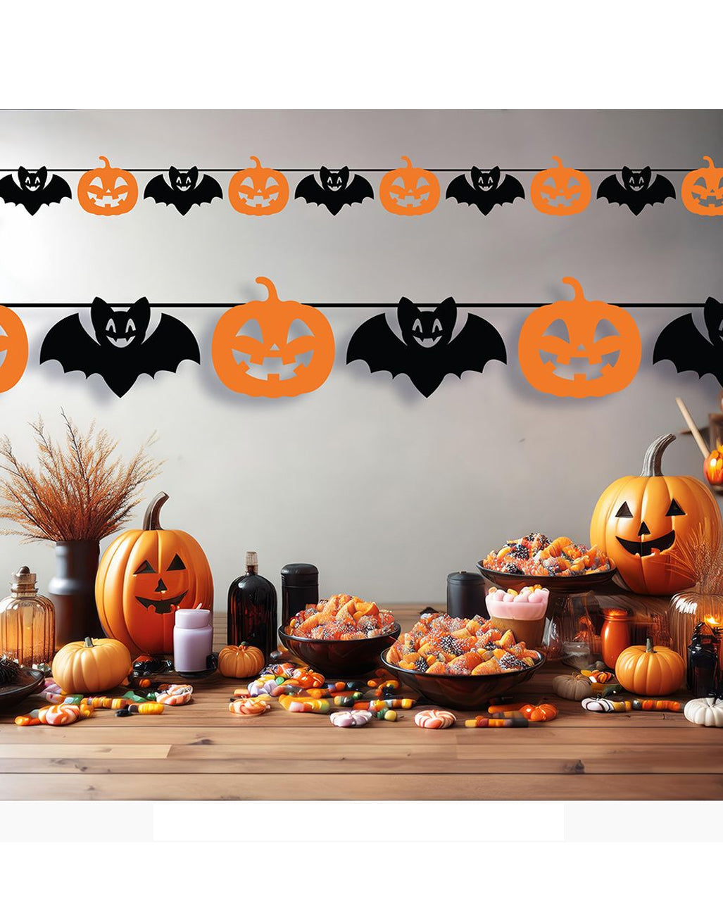 KATOOM 5-teiliges Halloween Deko Set – Girlande Mit Kürbis, Spinne, Fledermaus, Geist & Grille – 3 Meter
